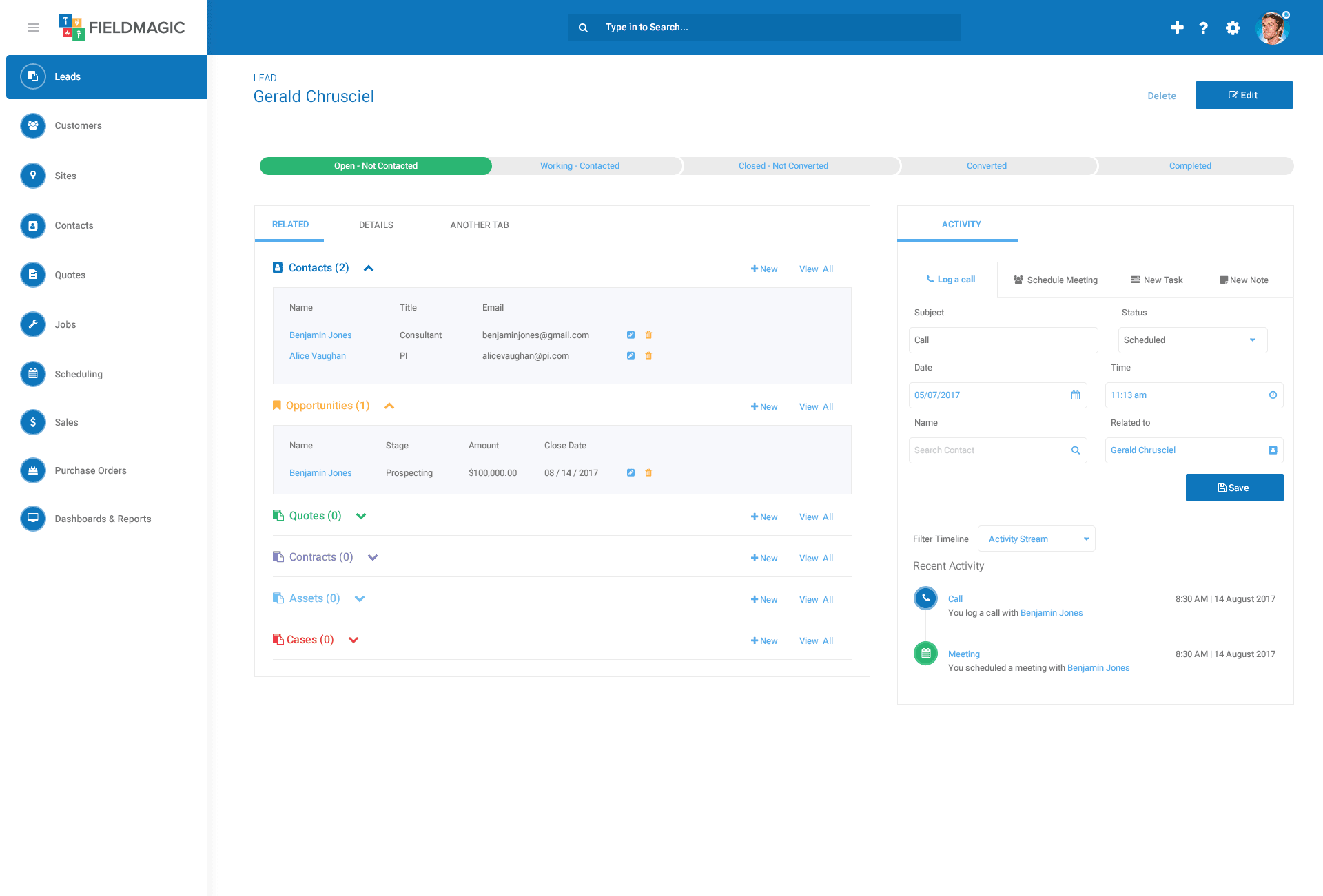 Fieldmagic lead detail with related records and activity