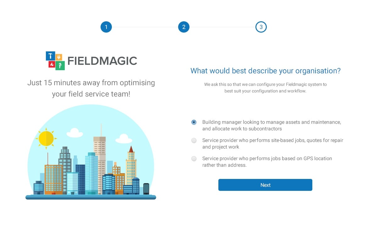 Fieldmagic onboarding step asking what best describes the organisation