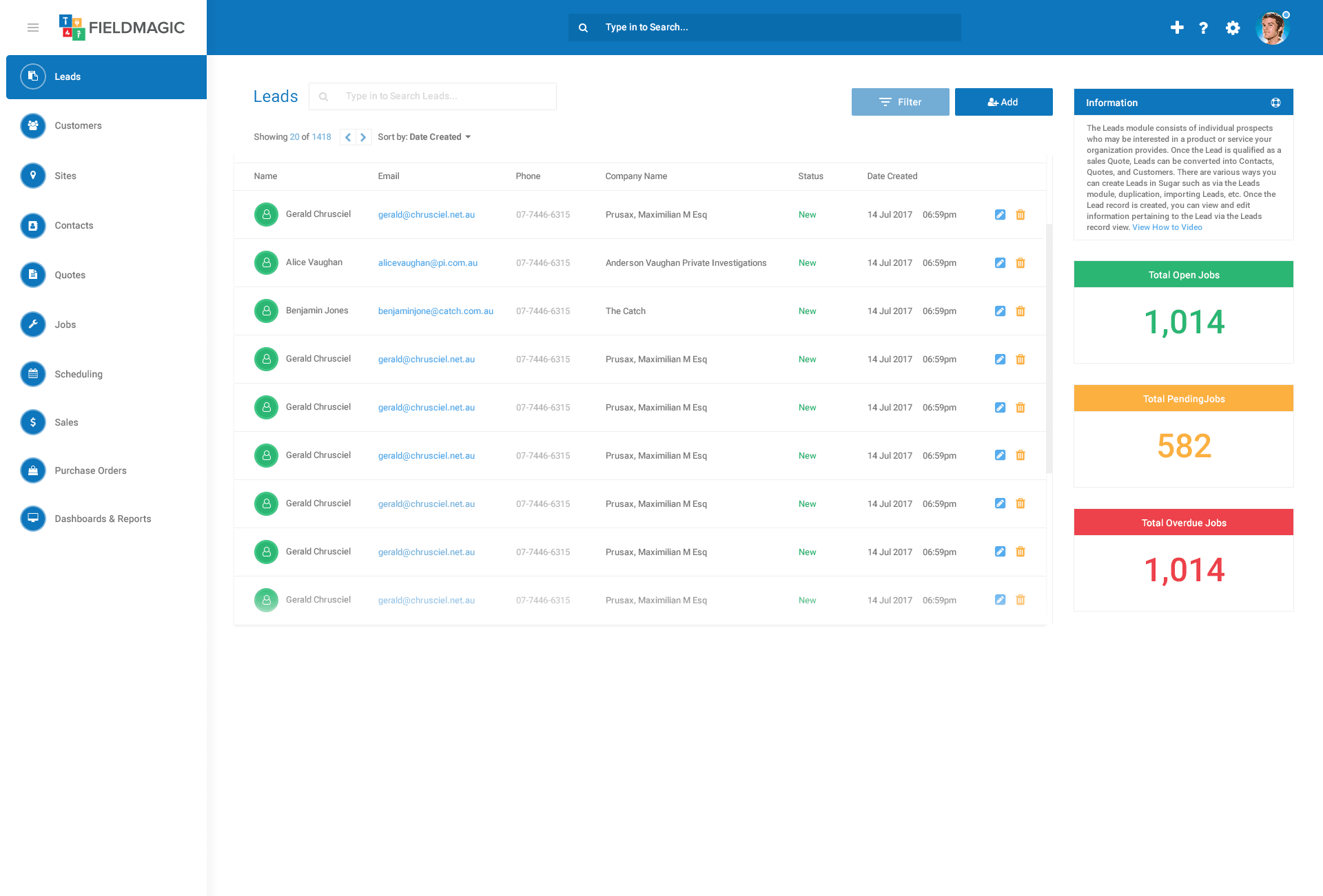 Fieldmagic Leads screen