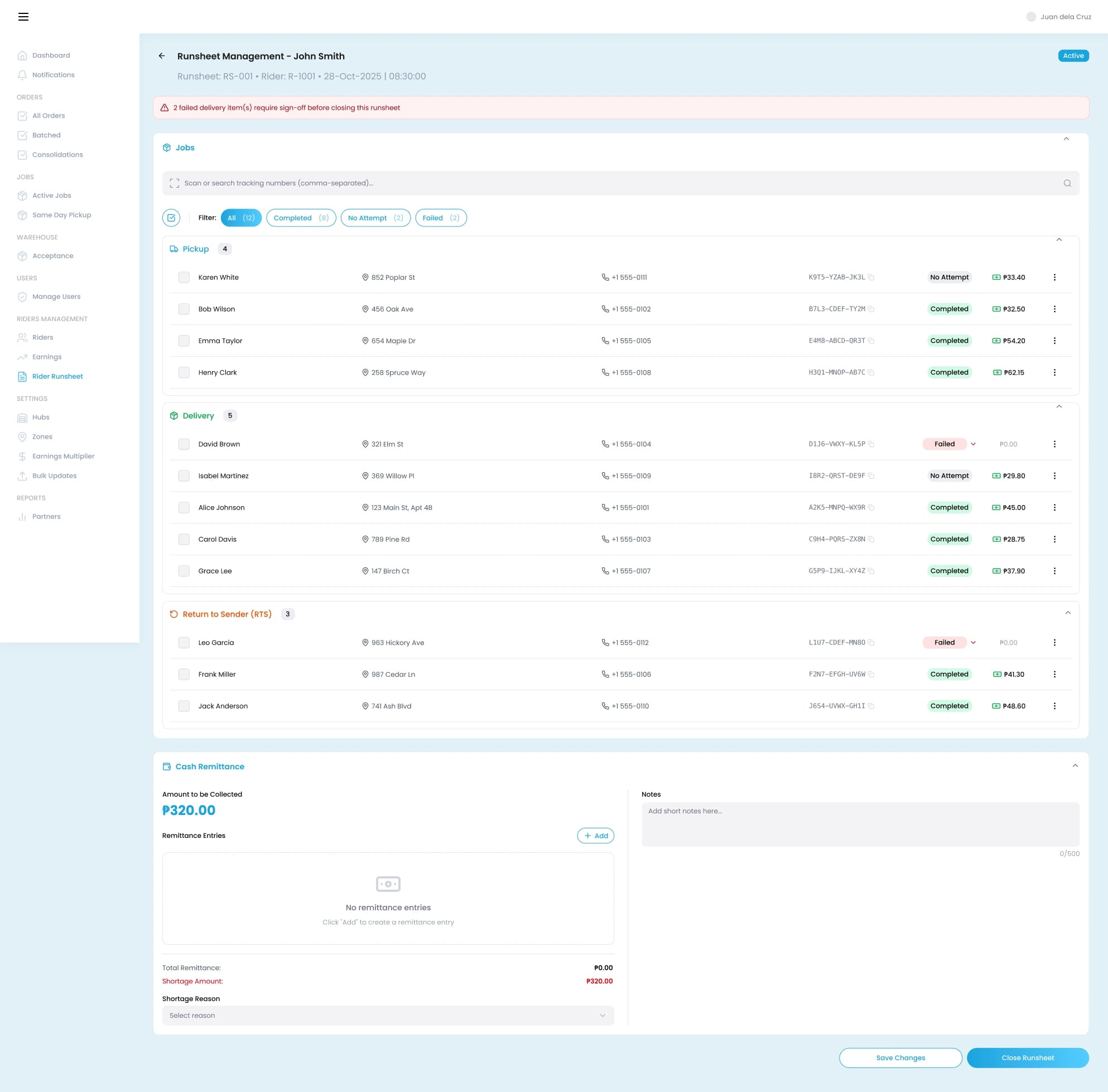 A rider's runsheet: pickups, deliveries, and returns, with cash remittance