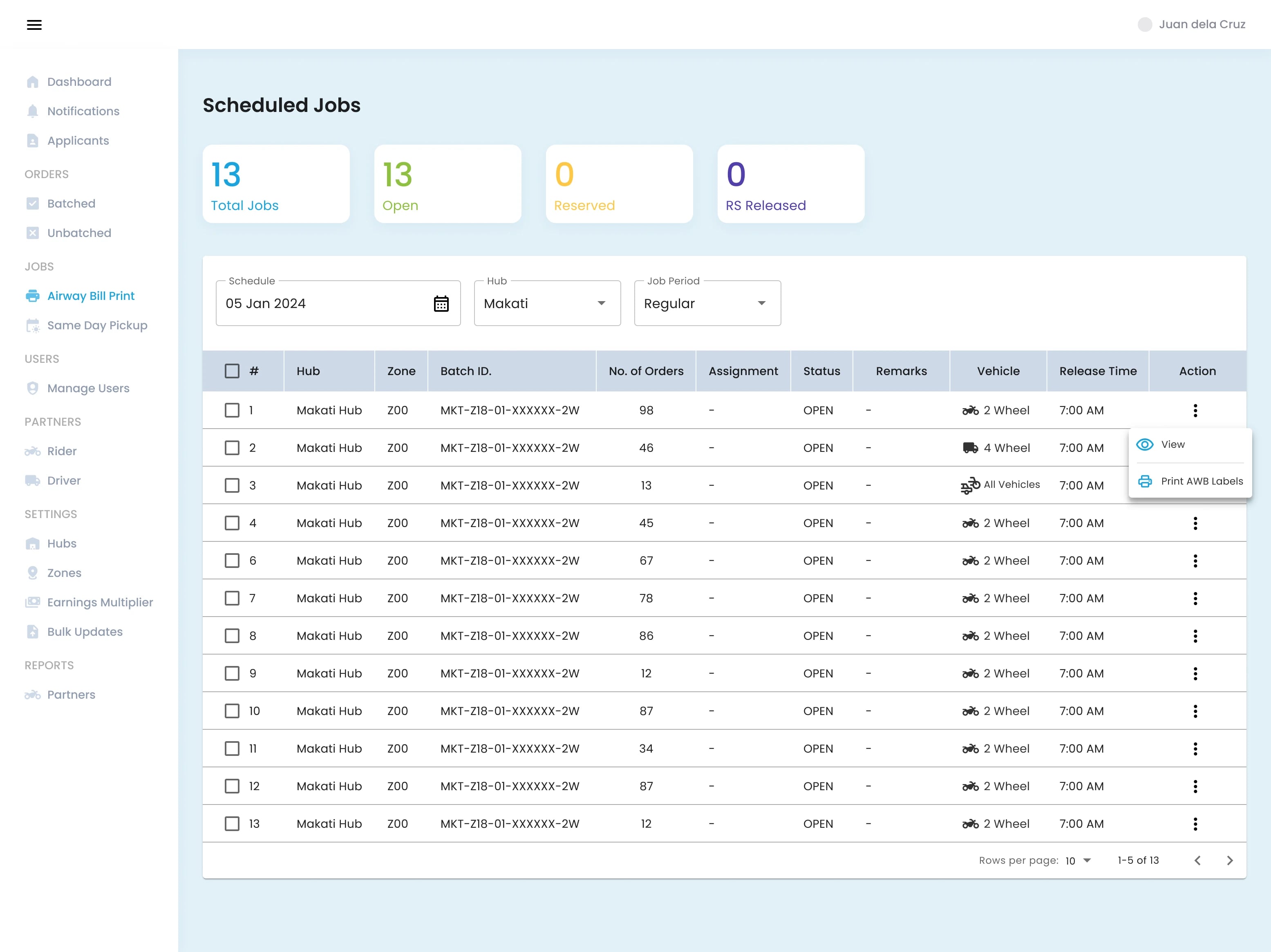 GGX OneApp Scheduled Jobs screen