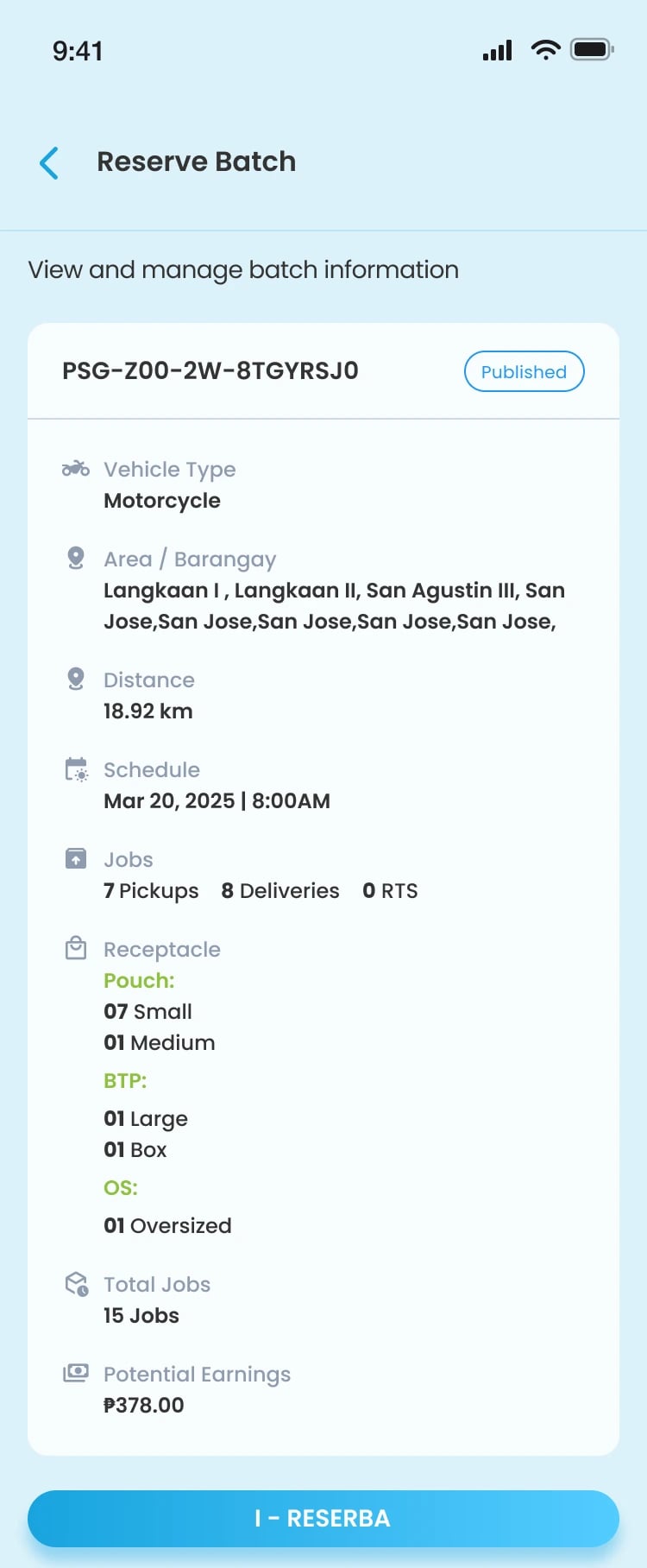 Batch details before reserving