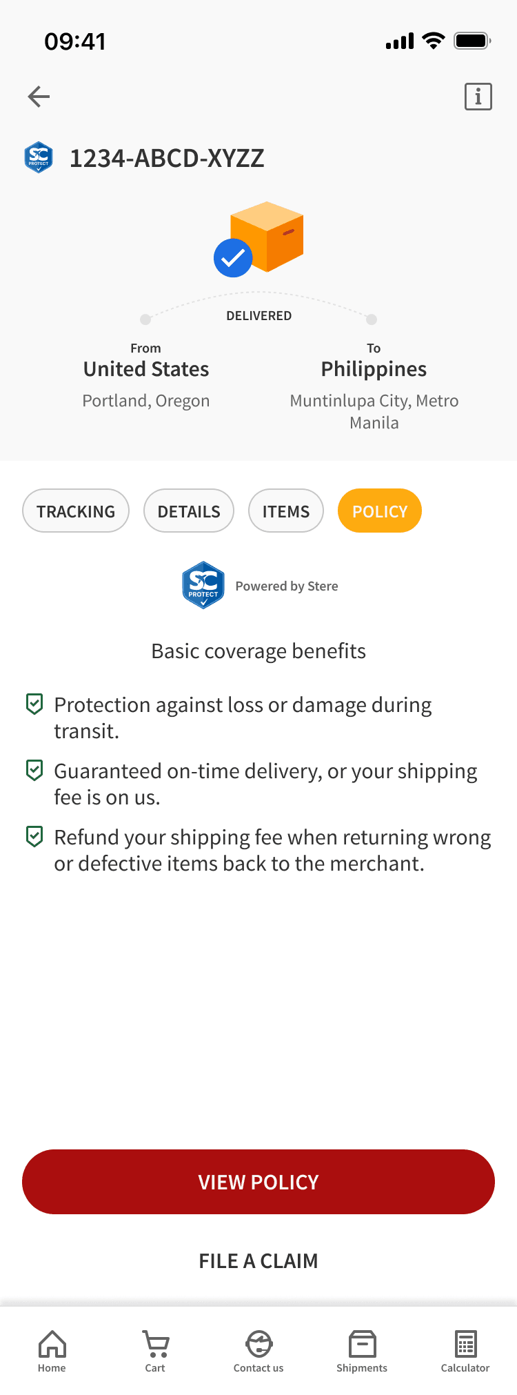 ShippingCart SC Protect insurance policy screen
