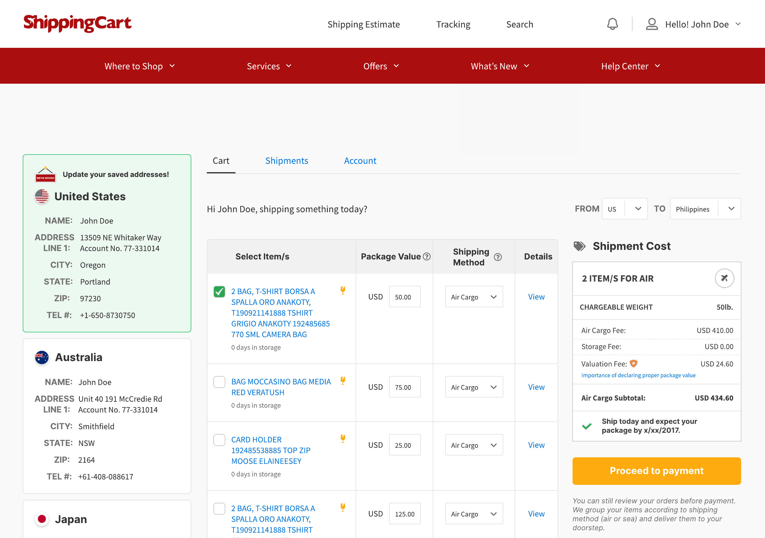 ShippingCart website cart with shipment cost and valuation fee
