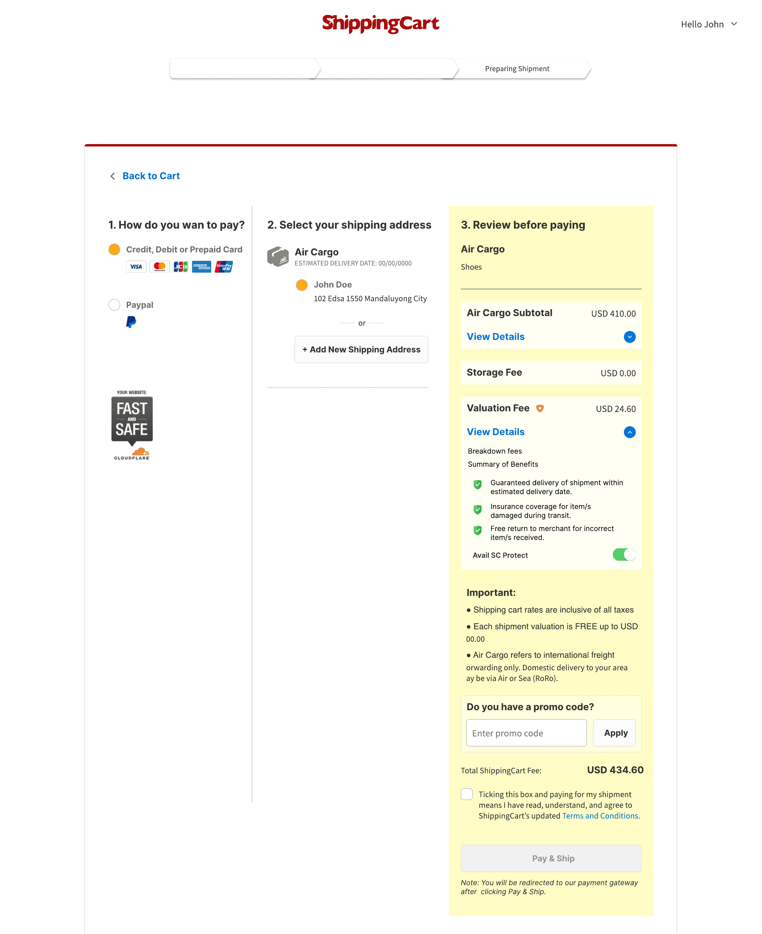 ShippingCart website checkout with SC Protect benefits