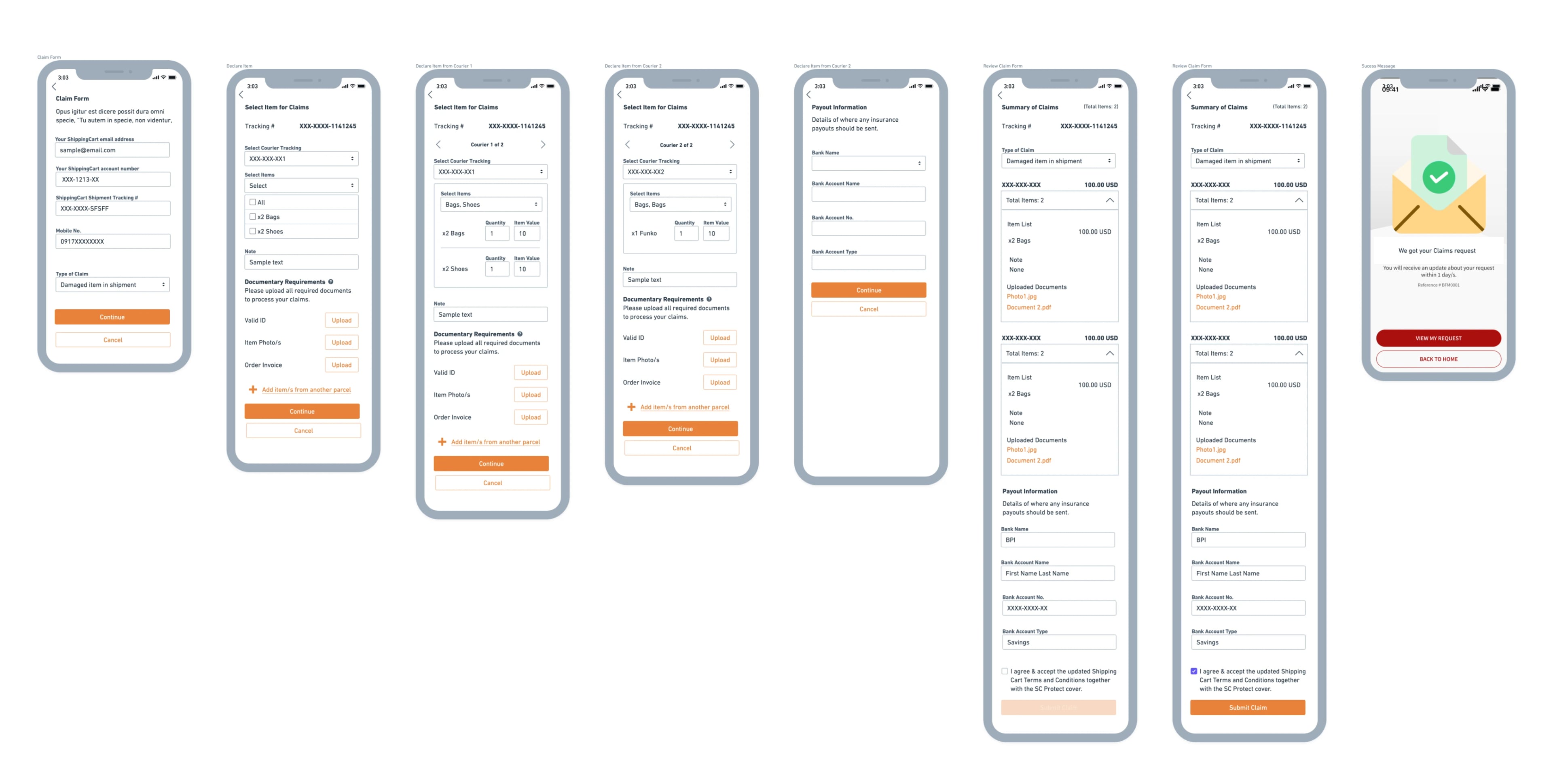 ShippingCart claim form wireframe flow