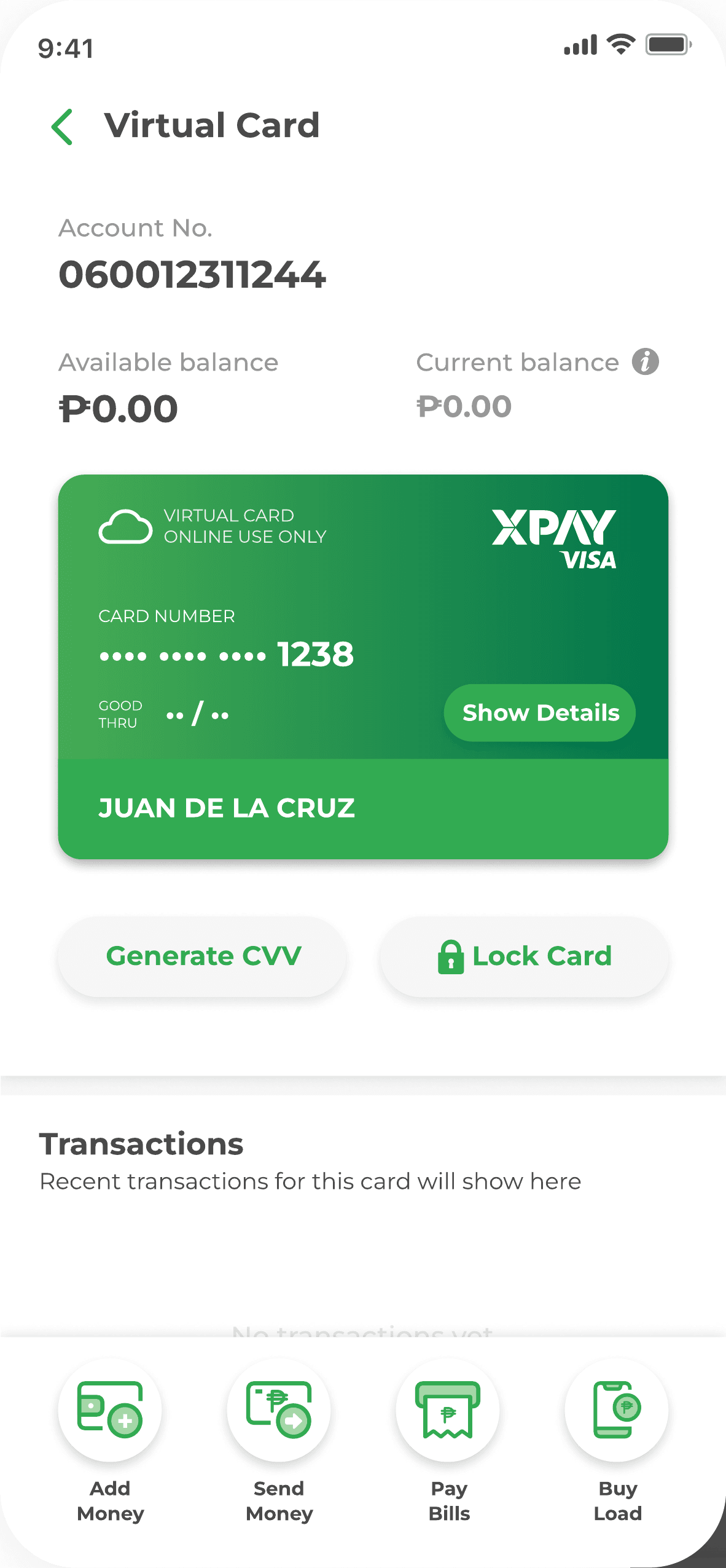 XPay virtual card screen with lock card option