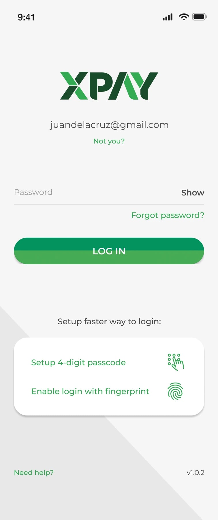 XPay login screen with biometric and passcode setup
